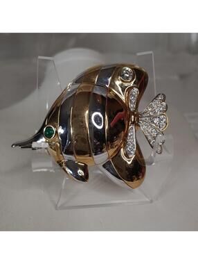 Vintage Gold & Silver Tone Rhinestone / Glass Tropical Fish Brooch Pin